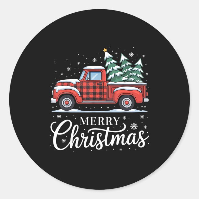 Merry Christmas Truck Xmas Red Plaid Family Christ Runder Aufkleber (Vorderseite)
