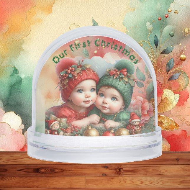 Merry Christmas Two Babies Family Photo Red Green  Schneekugeln (Merry Christmas Two Babies Family Photo Red Green Snow Globes)