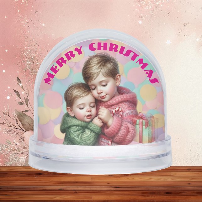 Merry Christmas Two Brothers Family Photo Pastel  Schneekugeln (Merry Christmas Two Brothers Family Photo Pastel Snow Globes)