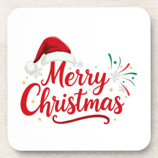 Merry Christmas Typography with Santa Hat and Snow Getränkeuntersetzer