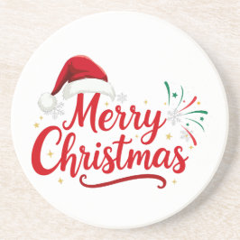 Merry Christmas Typography with Santa Hat and Snow Getränkeuntersetzer