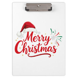 Merry Christmas Typography with Santa Hat and Snow Klemmbrett