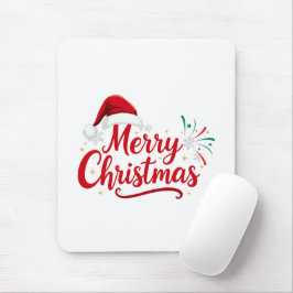 Merry Christmas Typography with Santa Hat and Snow Mousepad