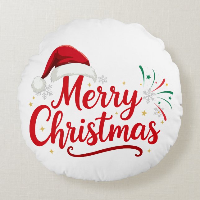 Merry Christmas Typography with Santa Hat and Snow Rundes Kissen (Vorderseite)