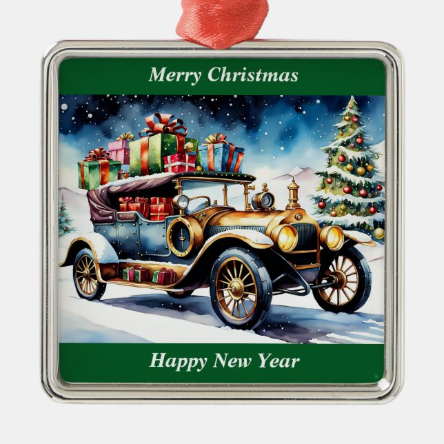 Merry Christmas Vintage Car Ornament Aus Metall (Vorne)