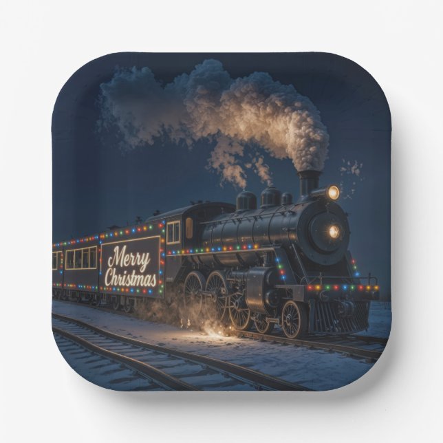 Merry Christmas Vintage Train In Snow Pappteller (Vorderseite)