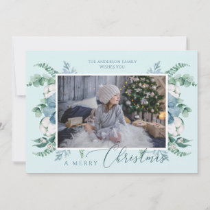 Merry Christmas Watercolor Greenery Custom Photo Feiertagskarte