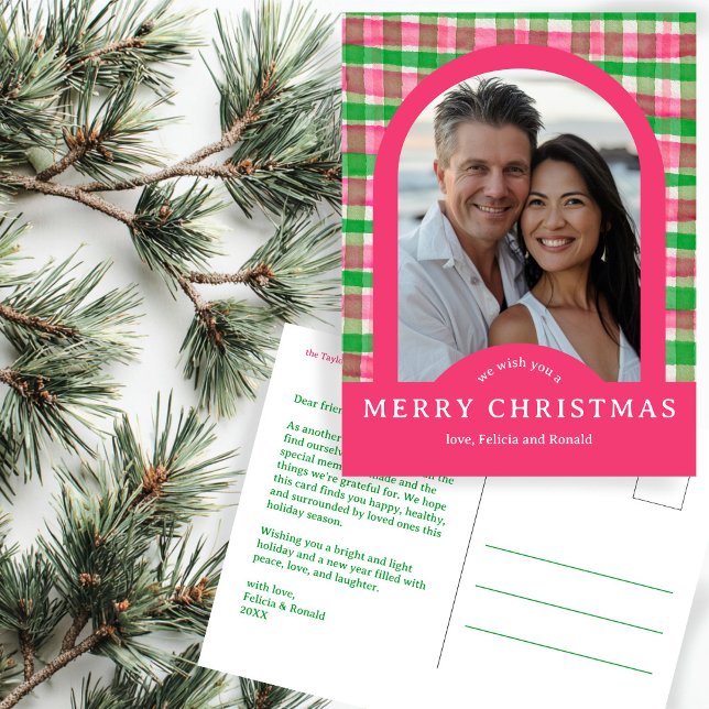MERRY CHRISTMAS Watercolor Kariert CUSTOM Arch FOT Postkarte (MERRY CHRISTMAS Watercolor Plaid Preppy Chic CUSTOM Arch PHOTO Pink Green Postcard
)
