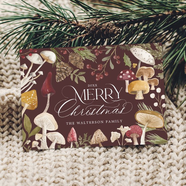 Merry Christmas Watercolor Woodsy Mushrooms Photo Feiertagskarte (Merry Christmas Watercolor Woodsy Mushrooms Photo Holiday Card (Front))