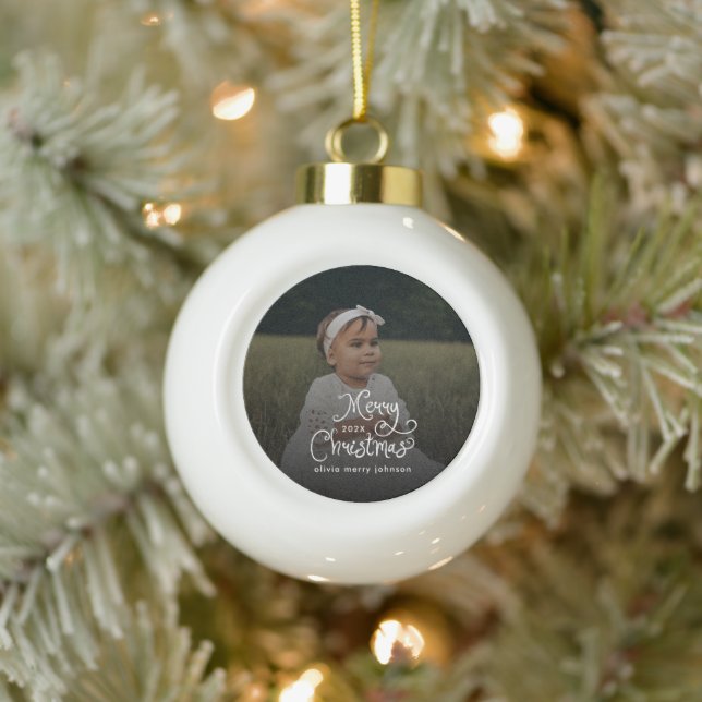 Merry Christmas Whimsical Script  Baby Photo  Keramik Kugel-Ornament (Baum)