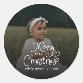 Merry Christmas Whimsical Script  Baby Photo  Runder Aufkleber
