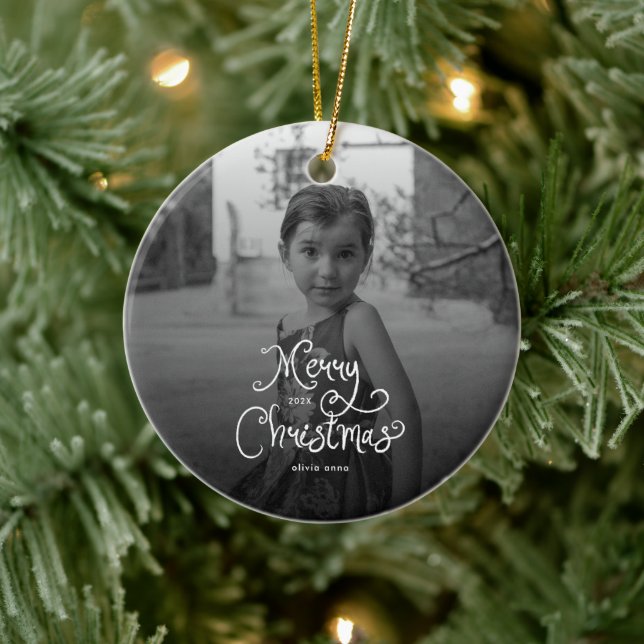 Merry Christmas Whimsical Script custom Photo Dog Keramik Ornament (Baum)