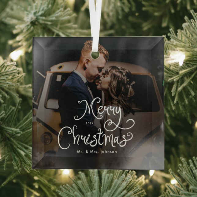 Merry Christmas Whimsical Script  Custom Photo  Ornament Aus Glas (Insitu)