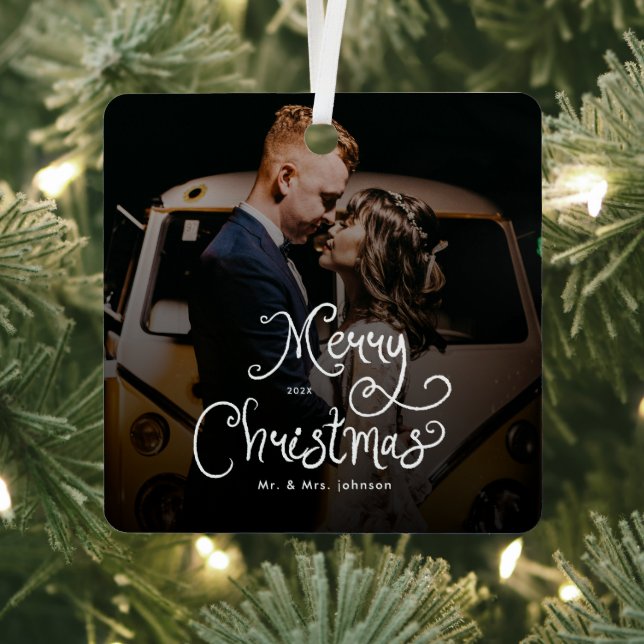 Merry Christmas Whimsical Script  Custom Photo  Ornament Aus Metall (InSitu)