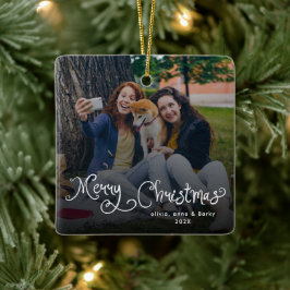 Merry Christmas Whimsical Script Family Photo Dog Keramikornament