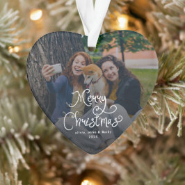 Merry Christmas Whimsical Script Family Photo Dog Ornament