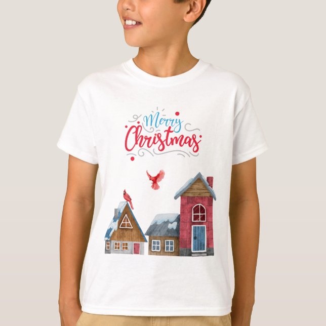 MERRY CHRISTMAS WINTER HOUSES RED KARDINAL VRDS T-Shirt (Vorderseite)