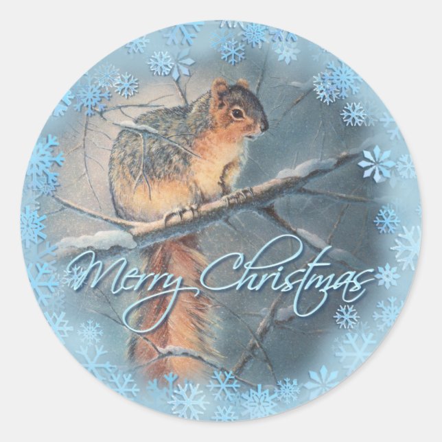 MERRY CHRISTMAS WINTER SQUIRREL VON SHARON SHARPE RUNDER AUFKLEBER (Vorderseite)