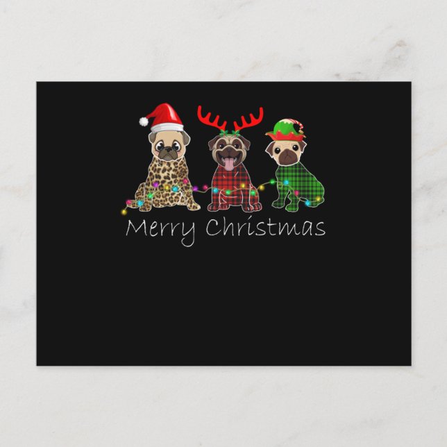 Merry Christmas with three pug dogs Feiertagspostkarte (Vorderseite)
