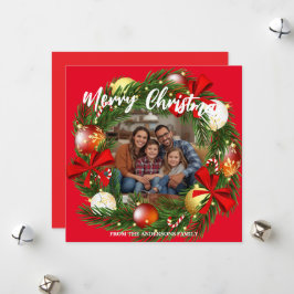 Merry Christmas Wreath Photo Personalized Family N Feiertagskarte
