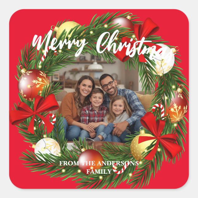 Merry Christmas Wreath Photo Personalized Family N Quadratischer Aufkleber (Vorderseite)