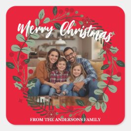 Merry Christmas Wreath Photo Personalized Family N Quadratischer Aufkleber