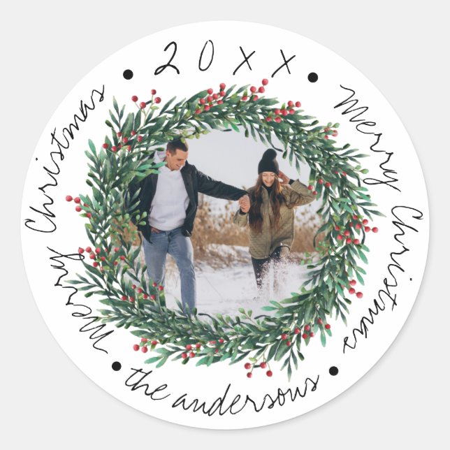 Merry Christmas Wreath Red Berries Name Runder Aufkleber (Vorderseite)