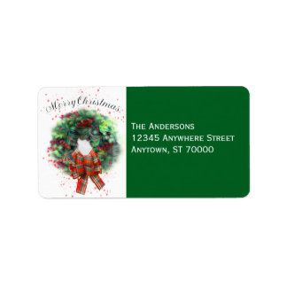 Merry Christmas Wreath Watercolor Art On Green Adressaufkleber