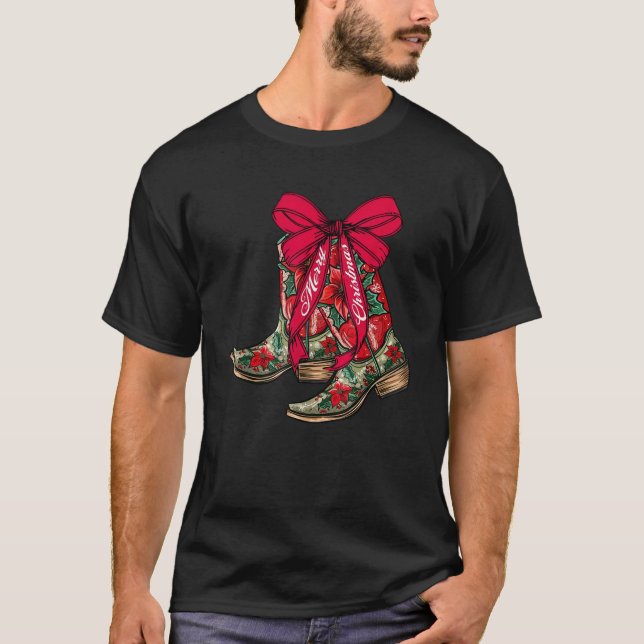 Merry Christmas Xmas Cowboy Boots Coquette Bow Paj T-Shirt (Vorderseite)