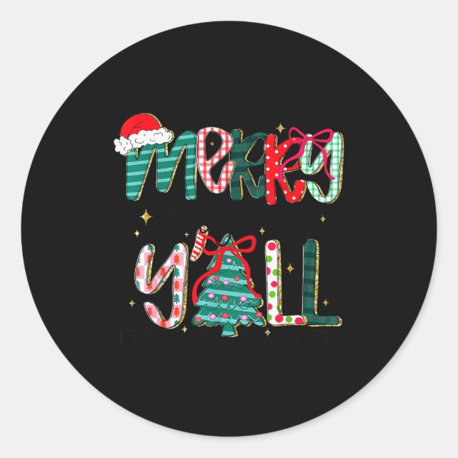 Merry Christmas Y’all Southern Christmas Tree Girl Runder Aufkleber (Vorderseite)