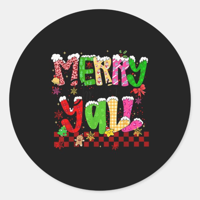 Merry Christmas Y’all Southern Christmas Tree Girl Runder Aufkleber (Vorderseite)