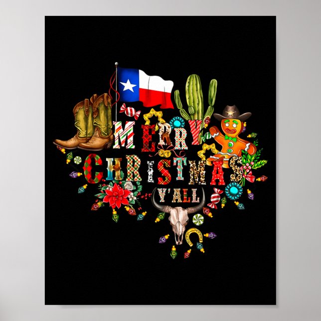 Merry Christmas Y'all Texas Map Santa Hat Mens Wom Poster (Vorne)
