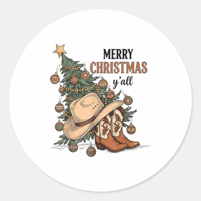 Merry Christmas Y'all Western Cowboy Boots Hat Xma Runder Aufkleber (Vorderseite)