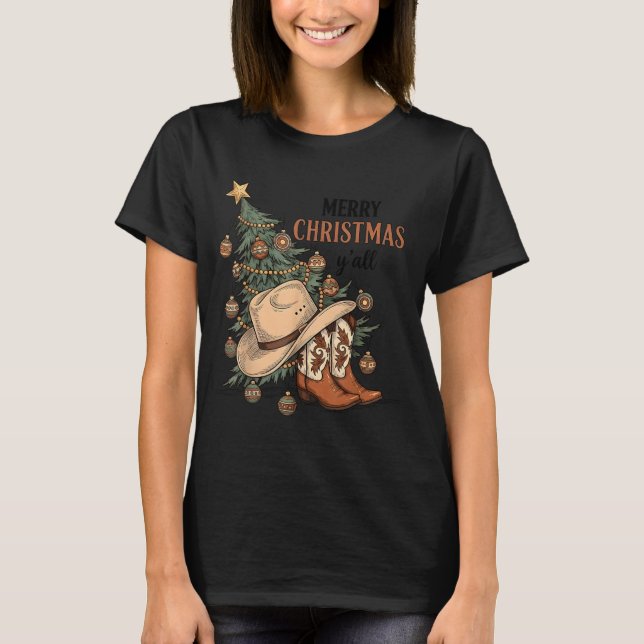 Merry Christmas Y'all Western Cowboy Boots Hat Xma T-Shirt (Vorderseite)