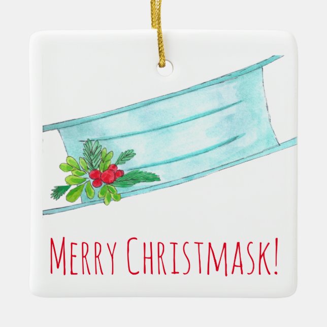 Merry Christmask Blue Face Mask Keramikornament (Vorderseite)
