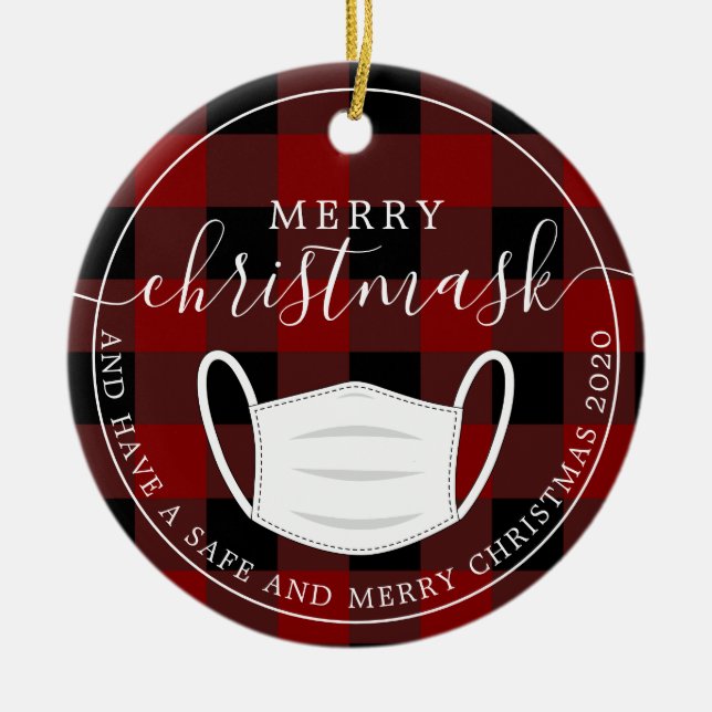 Merry Christmask karierte Quarantänemaske Keramik Ornament (Vorne)