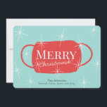 Merry Christmask Retro Turquoise Christmas Card Feiertagskarte<br><div class="desc">This retro and funny 2020 covid-19 "merry christmask" christmas/holiday card feature a red mask with white stars on light turquoise blue background. The reverse side feature a salmon red background with white snow patterns. Personalize it for your needs. You can find matching products at my store.</div>