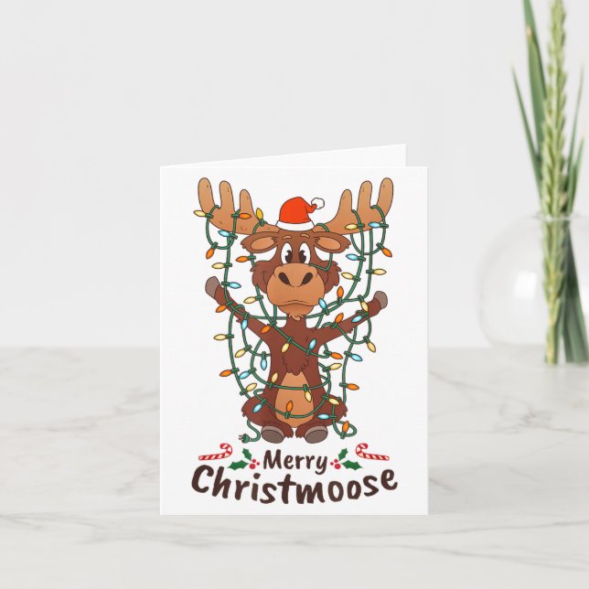Merry Christmoose Christmas Moose Xmas Tree Lights Karte (Vorderseite)