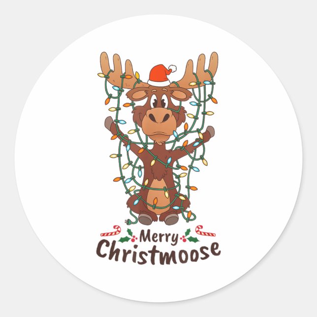 Merry Christmoose Christmas Moose Xmas Tree Lights Runder Aufkleber (Vorderseite)