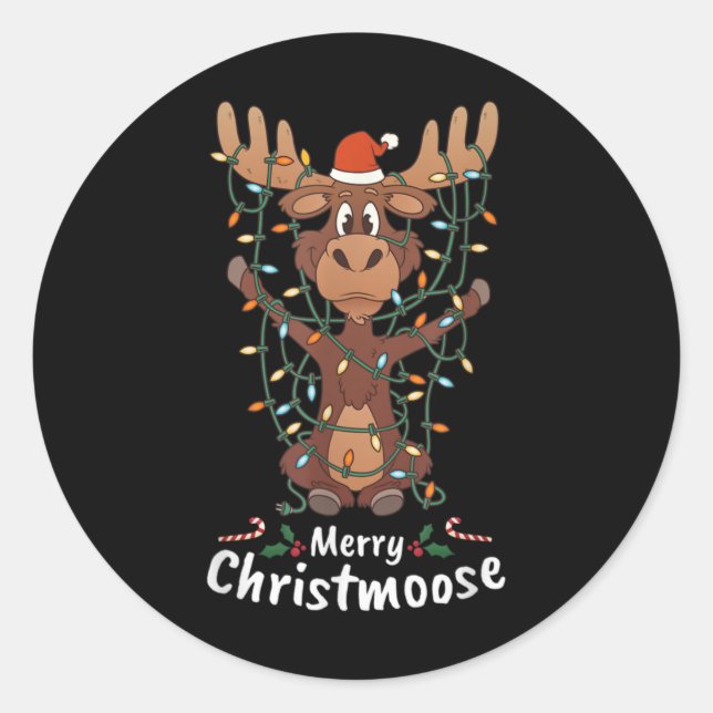 Merry Christmoose Christmas Moose Xmas Tree Lights Runder Aufkleber (Vorderseite)