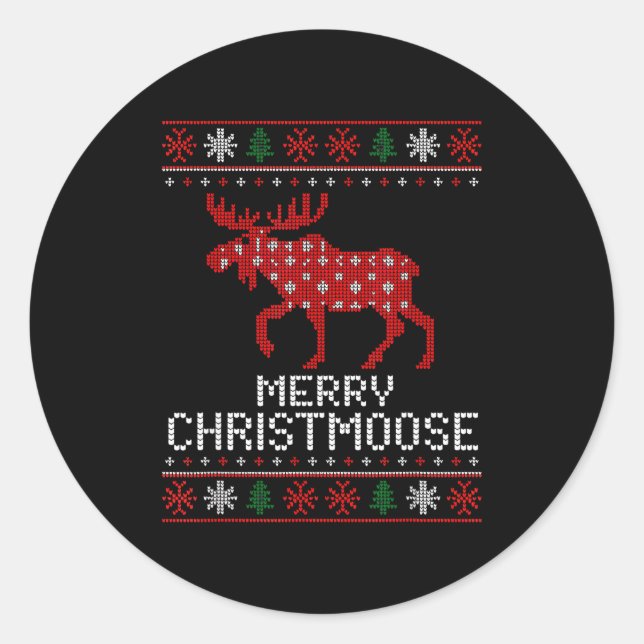 Merry Christmoose Funny Christmas Moose Sweater An Runder Aufkleber (Vorderseite)