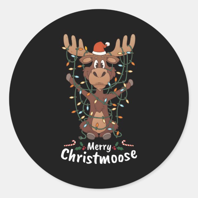 Merry Christmoose Moose Tree Lights Runder Aufkleber (Vorderseite)