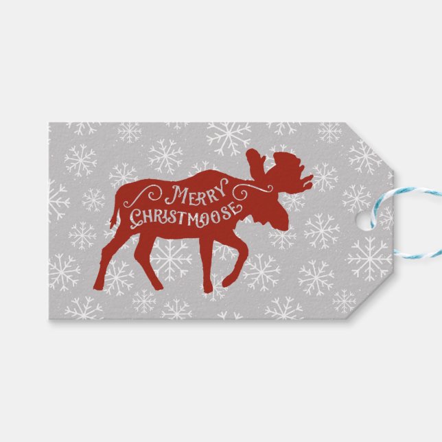 Merry Christmoose Moose und Schneeflocken Geschenkanhänger (Vorderseite (Horizontal))