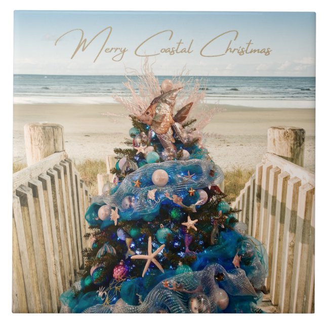 Merry Coastal Christmas Tropical Beach HolidayTree Fliese (Vorderseite)