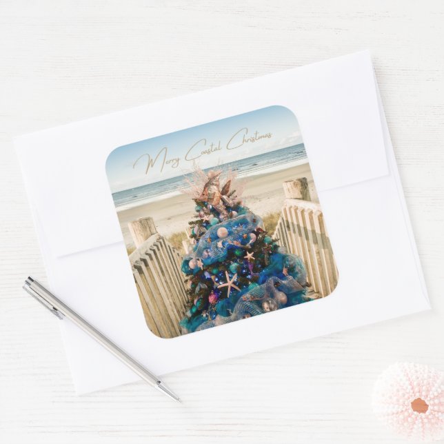 Merry Coastal Christmas Tropical Beach HolidayTree Quadratischer Aufkleber (Umschlag)