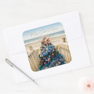 Merry Coastal Christmas Tropical Beach HolidayTree Quadratischer Aufkleber