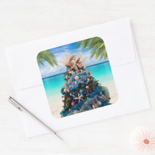 Merry Coastal Christmas Tropical Beach HolidayTree Quadratischer Aufkleber
