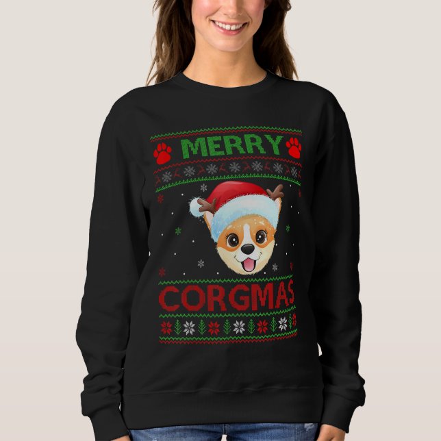 Merry Corgmas Weihnachtsmannmütze Matching Ugly Co Sweatshirt (Vorderseite)
