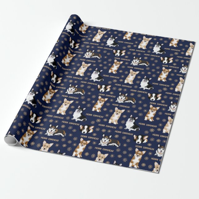 Merry Corgmess - Christmas Corgi Muster blau Geschenkpapier (Ungerollt)