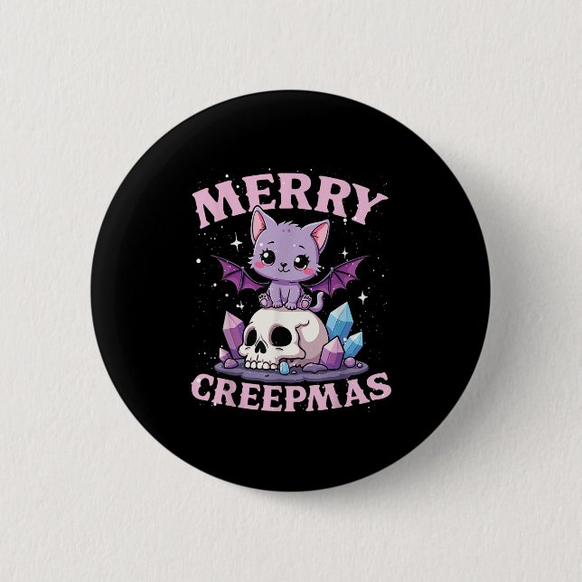 Merry Creepmas Cat Pastel Goth Christmas Skull For Button (Vorderseite)